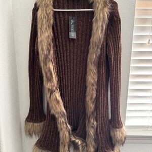 Dolls Kill Brown Ribbed Cardigan with Faux Fur Trim